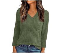 Knit Jumpers for Women Warm Autumn Plain Ladies Sweater V Neck Long Sleeve Tops Comfy Sweaters Baggy Blouse Ribbed Knitted Jumper Simple Stylish Going Out Holiday Vacation Outdoor Army Green