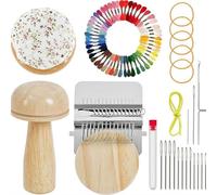 Knit Patch Kit, Mini Mushroom Darning Looms,with 14 Hooks Small WeavingLoom/Large Eye Needles/ 50 Color Threads for Handcraft DIY Weaving Repair Tool Darning Kit for Beginners Mending Jeans Socks