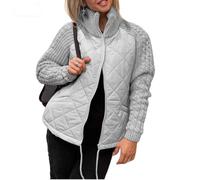 Knit Patchwork Puffy Jacket for Women - Stand Collar Long Sleeve Zip Quilted Jacket Winter Outerwear