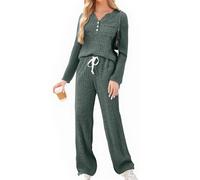 Knit Ribbed Fleece Pyjamas Set Lounge Wear Co Ord Tracksuit Full Matching Set Brushed Cozy Airport Outfits for Women 2025 Autumn Long Sleeve Tops Pants 2 Piece Outfits with Pockets Dark Green