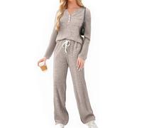 Knit Ribbed Fleece Pyjamas Set Lounge Wear Co Ord Tracksuit Full Matching Set Brushed Cozy Airport Outfits for Women 2025 Autumn Long Sleeve Tops Pants 2 Piece Outfits with Pockets Light Brown