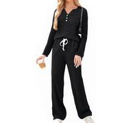 Knit Ribbed Fleece Pyjamas Set Lounge Wear Co Ord Tracksuit Full Matching Set Brushed Cozy Airport Outfits for Women 2025 Autumn Long Sleeve Tops Pants 2 Piece Outfits with Pockets Black