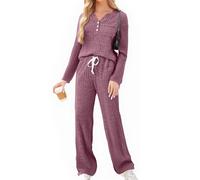 Knit Ribbed Fleece Pyjamas Set Lounge Wear Co Ord Tracksuit Full Matching Set Brushed Cozy Airport Outfits for Women 2025 Autumn Long Sleeve Tops Pants 2 Piece Outfits with Pockets Wine