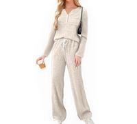 Knit Ribbed Fleece Pyjamas Set Lounge Wear Co Ord Tracksuit Full Matching Set Brushed Cozy Airport Outfits for Women 2025 Autumn Long Sleeve Tops Pants 2 Piece Outfits with Pockets Beige