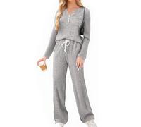 Knit Ribbed Fleece Pyjamas Set Lounge Wear Co Ord Tracksuit Full Matching Set Brushed Cozy Airport Outfits for Women 2025 Autumn Long Sleeve Tops Pants 2 Piece Outfits with Pockets Gray