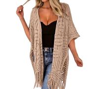 Knit Shawl Wrap for Women Ladies Fringe Knitted Poncho Cardigan Cape Boho Tassel Kimono Long Sleeve Openwork Beach Bikini Cover Up
