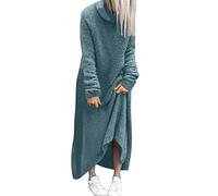 Knit Women's Autumn Winter Solid Blue Long Sleeve Long Dress with Turtle Neck