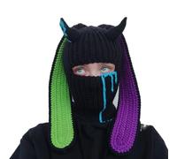 Knit Y2k Hat Cat Beanie with Devil Horn and Long Bunny Ear Crochet Shiesty Ski Mask Balaclava Grunge Accessories, Bunny-purple+black, M
