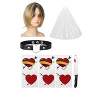 Knitgrip 10 Pcs Halloween Evil Doll Bride Costume Set for Women Short Golden Wig White Veil Punk Necklaces Bride Heart Stickers Artificial Bloody Knife for Halloween Costume Accessory Horror Cosplay