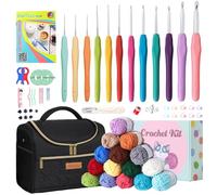 Knitiss Crochet Kit for Beginners, Learn to Crochet Kits Include 12PCS Ergonomic Crochet Hooks &15 Yarn Skeins,Black Crochet Storage Bag