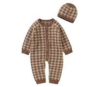 Knitted Baby Romper Set Hat Sweater Jumpsuit Outfits Boy Cotton Girl Boys Romper&Jumpsuit First Birthday Boy Outfit Long Sleeve (Coffee, 3-6 Months)