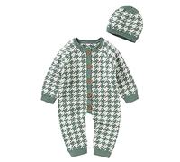 Knitted Baby Romper Set Hat Sweater Jumpsuit Outfits Boy Cotton Girl Boys Romper&Jumpsuit First Birthday Boy Outfit Long Sleeve (Green, 3-6 Months)
