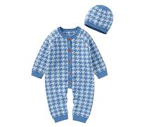 Knitted Baby Romper Set Hat Sweater Jumpsuit Outfits Boy Cotton Girl Boys Romper&Jumpsuit First Birthday Boy Outfit Long Sleeve (Blue, 3-6 Months)