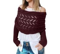 Knitted Cable Wrap, Scarf for Women, Hollow Out Crochet Cocoon Shrugs, 2024 Trendy Knit Sweater Scarf with Sleeves, Wine Red, One size