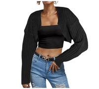 Knitted Cardigan Women Long Sleeve Open Front Ribbed Knitted Crop Cardigan Solid Loose Drop Shoulder Crop Sweater Top, black, XL