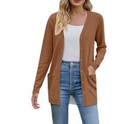 Knitted Cardigan Women's Oversized Lightweight Cardigan Women's Summer Thin Fine Knitted Jacket Buttons Sweater with V-Neck Knitted Coat with Pockets Fine Knit Plain Cardigans Long Pullover, coffee, M