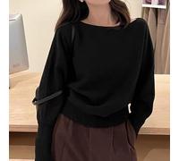 Knitted Cropped Sweater for Women with Slash Neck Design Long Sleeve Streetwear Pullover Korean Style Knitwear for Casual Wear (Uniform Size Black)