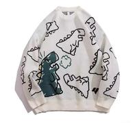 Knitted Dinosaur Cartoon Sweaters for Men Pullover Style Vintage Hip Hop Streetwear O Neck Long Sleeve Casual Tops Suitable for Various Seasons (L White)