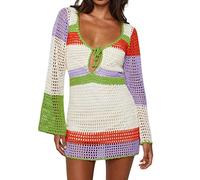 Knitted Dress with Long Sleeves Cover Up Dress Crochet Knit Vintage Striped Mini Dress Summer Beachwear Fashion Crochet Streetwear, A White, S