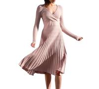 Knitted Dress Womens Long Sleeve Midi Sweater Dress Wrap V Neck Pleated A Line Fit Flare Elegant Knit Maxi Dress Apricot