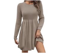 Knitted Dresses for Women UK Winter Warm Jumper Dresses Casual Loose Mini Dresses Knitted Pullover Sweater Dress Solid Color Crew Neck Long Sleeve Dress UK Size 8-14