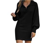 Knitted Dresses for Women UK Winter Warm Sweater Jumper Dresses Fashion Women Casual Solid V-Neck Long Sleeve Loose Dress Autumn Blouse Pullover Tops Sale Clearance UK Size