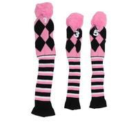 Knitted Golf Club Head Covers, 3PCS, Stylish & Durable, for Travel, Fine Pattern with Pom Pom, Protective Golf Club Cover Head Protector Accessories (Pink Black)