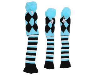 Knitted Golf Club Head Covers, 3PCS, Stylish & Durable, for Travel, Fine Pattern with Pom Pom, Protective Golf Club Cover Head Protector Accessories (Blue Black)