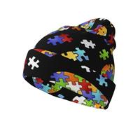 Knitted Hat â€“ Beanie with Autism Awareness Puzzle Pieces Heart Full Print, Unisex Design, Perfect for Cold Weather and Outdoor Black, Black, One Size