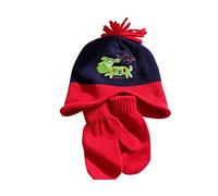 Knitted Hat & Mitten Set Colour Red & Navy 1-2 yrs