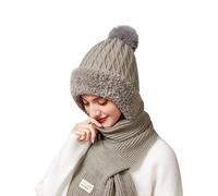 Knitted Hooded Scarf 2 in 1 Integrated Ear Protection Cap Flannel Plus Velvet Thick Windproof Cap Winter Warm Hat with Scarf for Women Grey