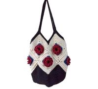 Knitted Hook Flower Bag Crochet Flower Granny Square Large Tote Shoulder Bag Handmade Shopping Handbag Vintage Style Summer Beach Bag(Black)