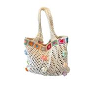 Knitted hook flower bag Knitting Shoulder Bag Ethnic Style Large Capacity Bohemian Crochet Crossbody Floral Lazy Casual Woven Handbag DIY(Beige)
