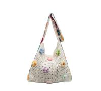 Knitted hook flower bag Knitting Shoulder Bag Floral Ethnic Style Crochet Crossbody Lazy Large Capacity Casual Woven Handbag DIY(White)