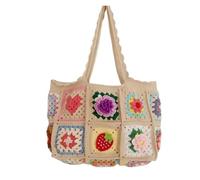 Knitted Hook Flower Bag Strawberry Cherry Crochet Granny Square Large Tote Shoulder Bag Handmade Shopping Handbag Vintage Style Summer Beach Bag(Color 1)