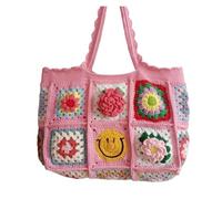 Knitted Hook Flower Bag Strawberry Cherry Crochet Granny Square Large Tote Shoulder Bag Handmade Shopping Handbag Vintage Style Summer Beach Bag(Color 2)