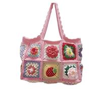 Knitted Hook Flower Bag Strawberry Cherry Crochet Granny Square Large Tote Shoulder Bag Handmade Shopping Handbag Vintage Style Summer Beach Bag(Color 3)