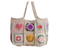 Knitted Hook Flower Bag Strawberry Cherry Crochet Granny Square Large Tote Shoulder Bag Handmade Shopping Handbag Vintage Style Summer Beach Bag(Color 4)
