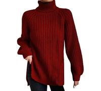 Knitted Jumper Women's Long Sleeve Turtleneck Pullover Women's Oversized Jumper Long Sweater Lapel Knitted Jumper Plain Knitted Sweater Casual Pullover Autumn Winter Jumper, red, S