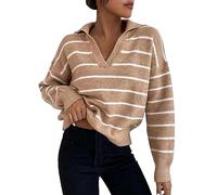 Knitted Jumpers Sweaters for Women Oversized Tops Women Striped Pullover Sweater V Neck Casual Loose Color Block Lightweight Long Sleeve Knitted Fall Tops Solemnly Swear Shirt (Khaki, S)