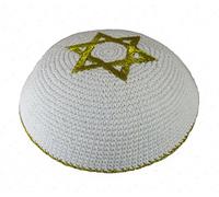 knitted kippah white cotton & Gold Star of David, Kippot, Jewish Hats Yarmulkes, CUPPLES