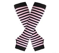 Knitted Long Fingerless Gloves for Women with Striped Pattern, Elbow Length Mittens, Cotton Polyester Blend for Street and Y2K Style (size Pink 2)