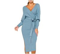 Knitted Long Maxi Sweater Dresses for Women UK Sale Clearance Sexy Wrap Batwing V Neck Slit Open Back Holiday Bodycon Plain Jumper Dresses High Waist Long Side Slit Slim Fit Sweater Dress with Belt