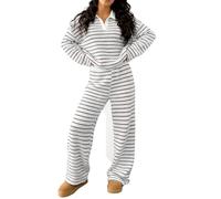 Knitted Loungewear Sets for Women Two Piece Outfit Striped Co Ord Sets Polo Neck Long Sleeve Tops Wide Leg Trousers Casual Loose Travel Outfits Comfort Tracksuit Gym Workout Clothes