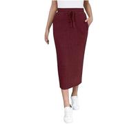 Knitted Midi Skirt for Women UK Drawstring Elastic Waisted Bodycon Pencil Skirts Pull On Smart Casual Work Office Skinny Maxi Skirt Solid Color Elegant Ribbed Knit Sweater Skirts Tight Fitted