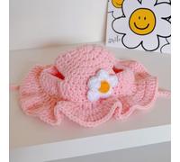 Knitted Pet Hat with Ear Holes and Flower - Handmade Crochet Costume Beanie for Cats Small Dogs Cute Adjustable Headwear for Birthday Party Holiday Cosplay Photoshoot (Pink2,S)