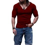 Knitted Ribbed Fitness V Neck T Shirts for Men Short Sleeve Knit Workout Muscle Tee Top Summer Casual Active Shirt (Red,XL)