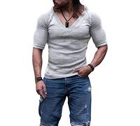 Knitted Ribbed Fitness V Neck T Shirts for Men Short Sleeve Knit Workout Muscle Tee Top Summer Casual Active Shirt (Light Grey 1,XL)
