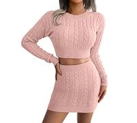Knitted Short Skirt Pullover Half Skirt Two Piece Women's Autumn and Winter Skirt Set, pink, S