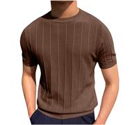Knitted Short Sleeve T-Shirt for Men UK Round Neck Soft Blouse Striped Slim Fit Pullover Tee Casual Beach Holiday Shirt Brown